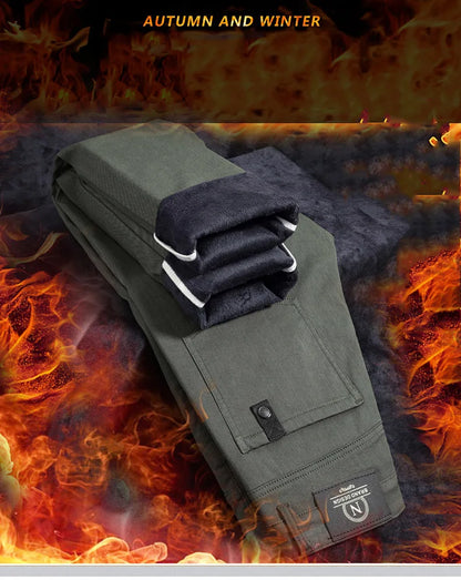 2024 Winter New Men's Warm Slim Fit Business Casual Fashion Thicken Trousers Fleece Stretch Brand Pants Black Grey Army Green