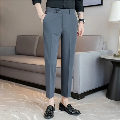 2025 Summer Thin White Elastic Nine Cent Suit Pants for Men,gray Blue Four-side Elastic Comfortable Drape Men's Casual Trousers