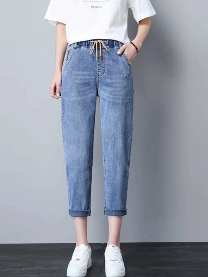 Elastic Waist Dad Harem Jeans Women's Light Blue Spring Summer New Style High Waist Wear Resistant Eighteen Inches Blue Jeans