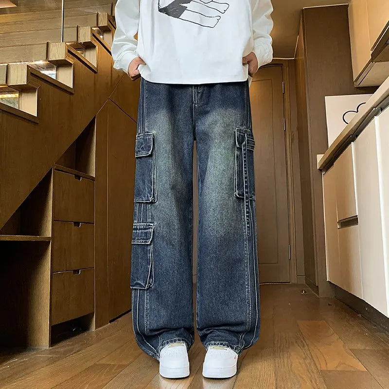 Autumn New Men's Loose Jeans Multi-pocket Work-wearing Jeans Street Hip-hop Straight Wide-leg Pants Baggy Dance Pants