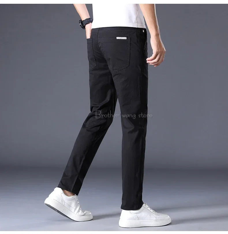 Summer Thin Men's Casual Pants Cotton 7 Colors Classic Style Elastic Straight Slim Fit Business Fashion Long Trousers Male