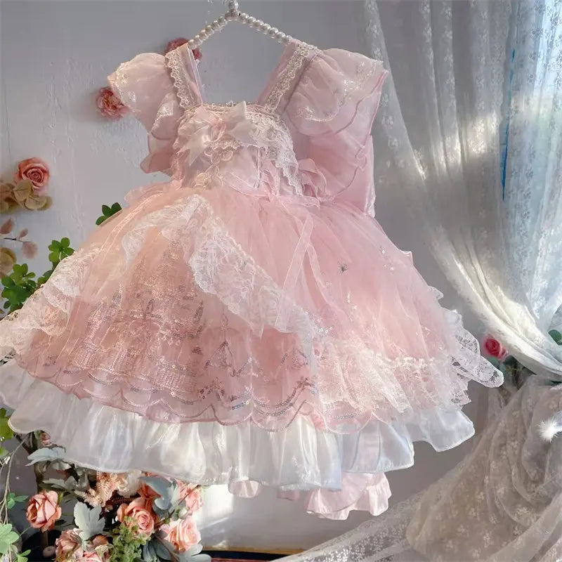 Sweet Baby Girls Summer New Pink Lolita Princess Dress Kids Tulle Ruffle Trim Feifei Sleeve Bow Birthday Performance Ball Gown