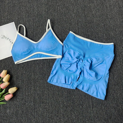 Peach Buttock Yoga Suit Women Gym Seamless Suspender Gathering Bra High Waist Hip Lifting Belly Tightening Shorts Fitness Set