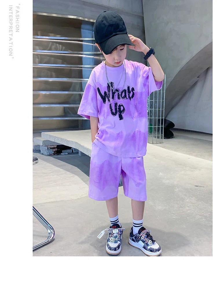Loose Outfits Children Streetwear what's up 2024 New Boy Summer Quick dry Suit Short Sleeve TShirt + Shorts Two piece Sports Set