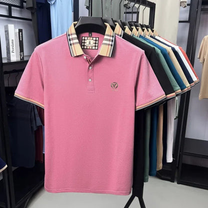 High end brand men's short sleeve polo shirt summer new letter emboss lightweight breathable fashion color blocked lapel T-shirt