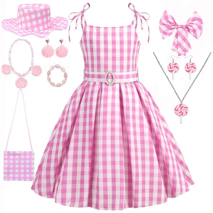 Halloween Hot Movie Barbei Baby Girl Pink Cowboy Look Dress Summer Beach Stripe Cute Sleeveless Plaid Slim Strap Dress Set