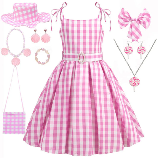 Halloween Hot Movie Barbei Baby Girl Pink Cowboy Look Dress Summer Beach Stripe Cute Sleeveless Plaid Slim Strap Dress Set