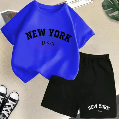 2026 New Kids Boys Girls New York Letter Pattern Cotton T-shirt+Shorts 2-Piece Set Casual Daily
