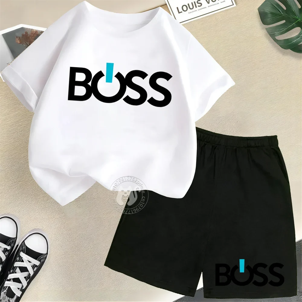 Simple letter BOSS Print Teen boys Girls street casual suit top Kids Summer  Short sleeve T-shirt + Shorts