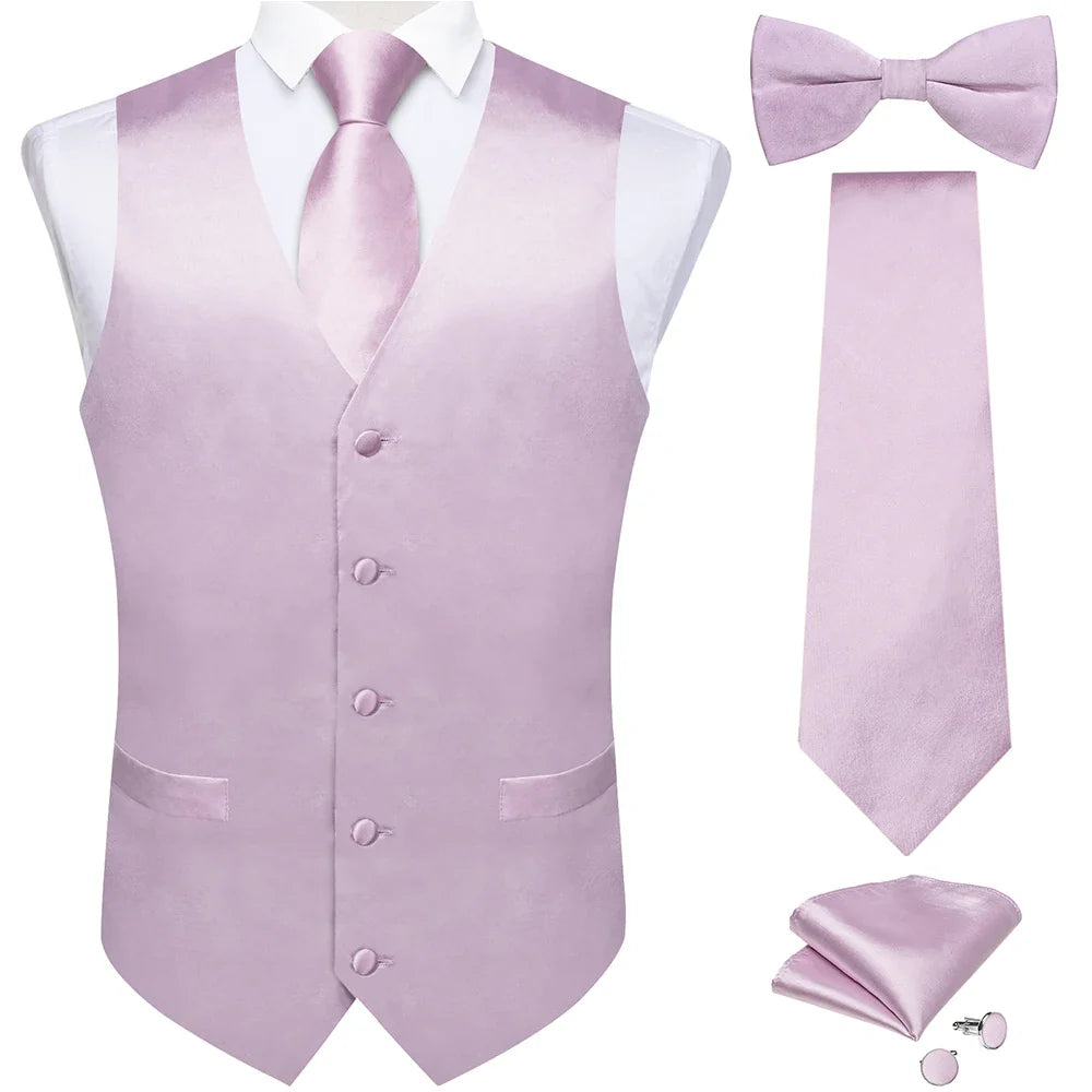Black Satin Solid Suit Vest with Tie and Pre-tied Bow Tie Set Purple Blue Sage Green Wedding Party Men's Waistcoat DiBanGu