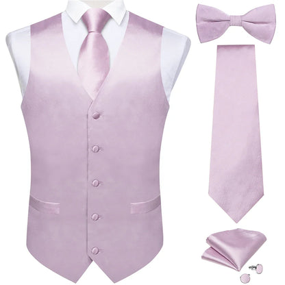Black Satin Solid Suit Vest with Tie and Pre-tied Bow Tie Set Purple Blue Sage Green Wedding Party Men's Waistcoat DiBanGu