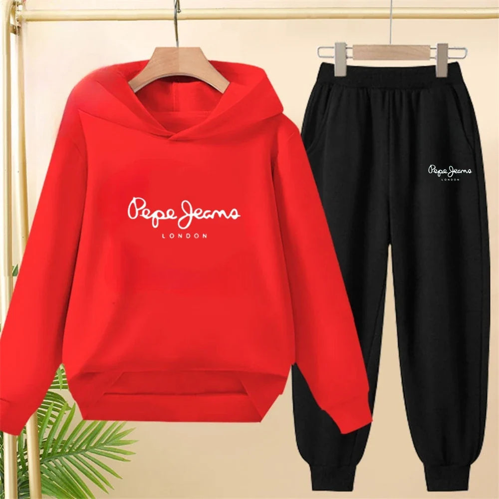 Boy Girls Children's Hoodies Suit Tops+Bottom Toddle Black Sweatshirr White Child 3-12 Year Pink Fashion Printing Coat Clothing