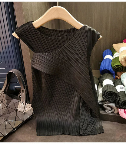 Sleeveless T-shirt Miyake Pleated Summer New Round Neck Slim Thin Versatile Irregular Women's Undershirt Tops Multiple Ways Wear