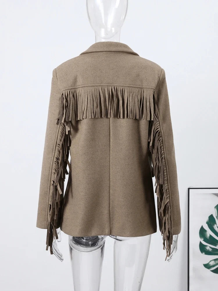 Tassels Woolen Suit Jacket Women Elegant Turn-down Collar Long Sleeve Single Breasted Pocket Autumn Winter Coats New Outerwears