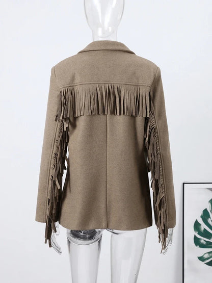 Tassels Woolen Suit Jacket Women Elegant Turn-down Collar Long Sleeve Single Breasted Pocket Autumn Winter Coats New Outerwears