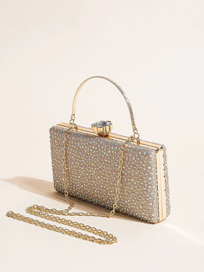 Classic Elegant Mini Square Rhinestone Decor Evening Clutch Bag, Clip Women's Dinner Wallet, Luxury Prom Bag