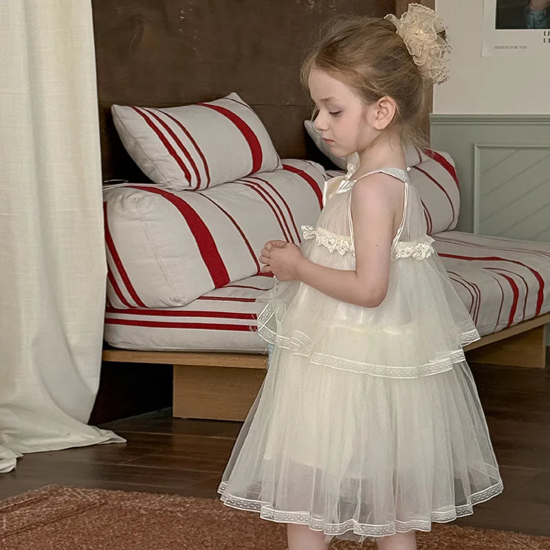 Girls Princess Dress Summer Kids French Sweet Sleeveless Bowknot Tulle Tutu Fluffy Birthday Party Pageant Dresses