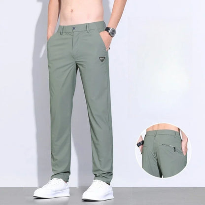 Korean Street Summer Y2K Men's Ice Silk Casual Pants All Match Elastic Sweatpants Office Business Fashion Straight Suit Trousers