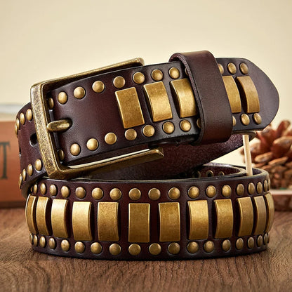 Punk Rock Belts Geometry Pattern for Men for Women Rivet Studded Belts First Layer of Cowskin Hip Pop Decorative Belts