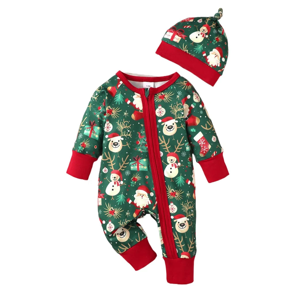 1-18 Months Newborn Baby Boy&Girl Christmas Jumpsuit Cute Santa Claus Print Long Sleeved Zipper Romper+Hat Toddler Baby Costumes