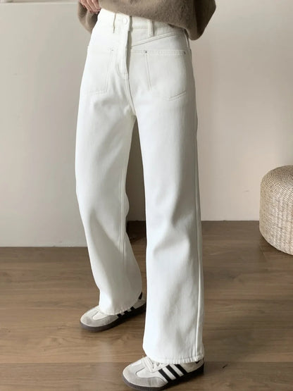New Beige Straight Jeans Women Winter Warm High Waist Wide Leg Denim Pants 2023