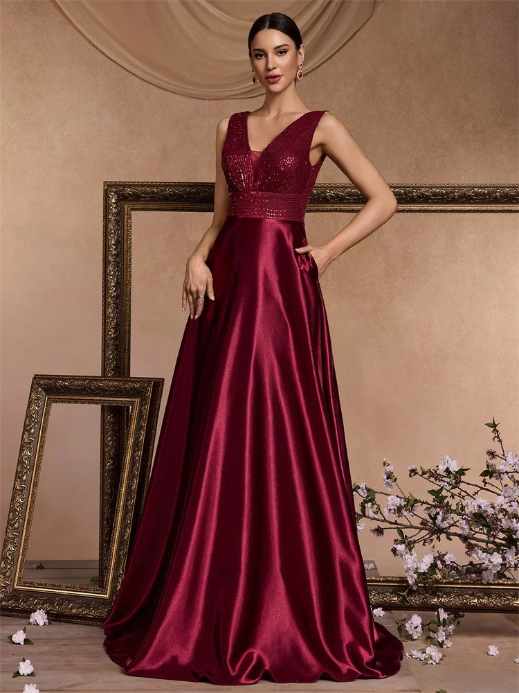 Elegant Sequins Evening Dress For Women 2024 Deep V-neck Satin Prom Party Green Dress Floor Length Blue Formal Gowns