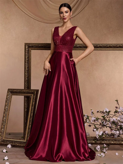 Elegant Sequins Evening Dress For Women 2024 Deep V-neck Satin Prom Party Green Dress Floor Length Blue Formal Gowns