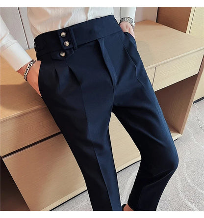 British Style Spring New Solid Business Casual Suit Pants High Waist Button Men Formal Pants High Quality Slim Office Trousers