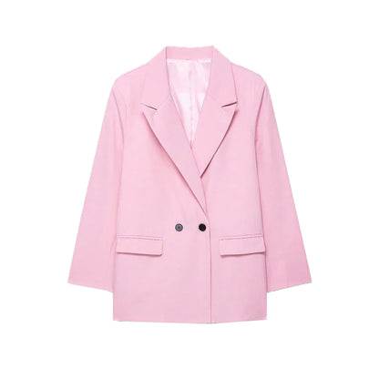 Women's Double-Breasted Solid Color Blazer Coat Long Sleeve Office Wear for Spring Autumn Winter Old Money Style