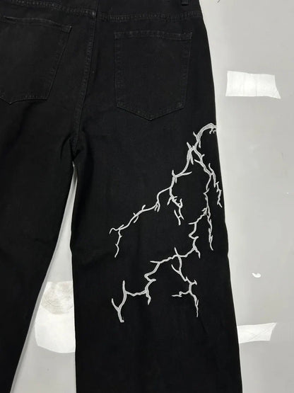 Y2k Fashion Baggy Jeans Black Men's Streetwear Straight Oversize Wide-leg Pants Vintage Lightning Pattern Loose Denim Trousers