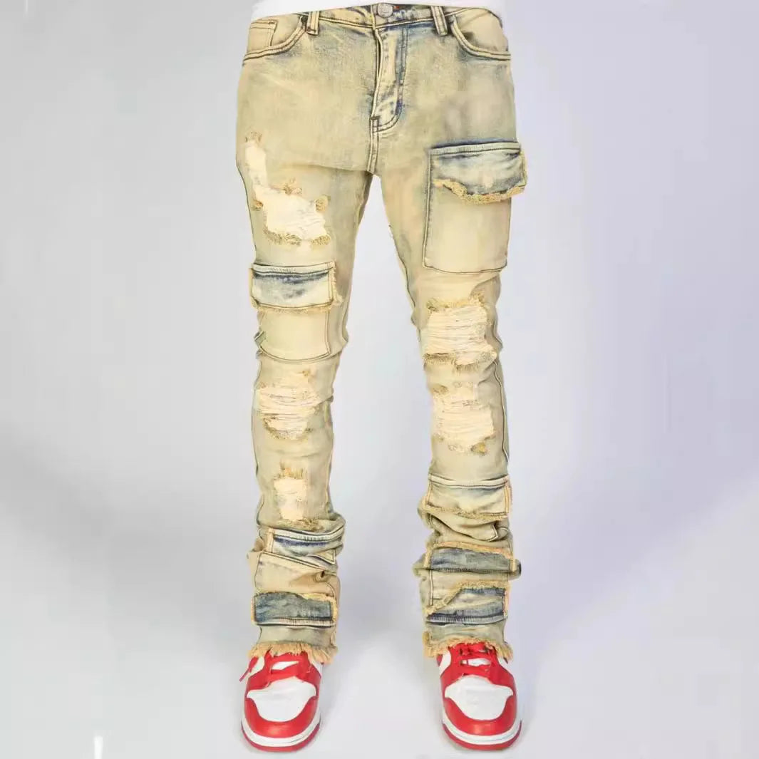 Men Jeans Long Pant Denim Flare Pants Hole Straight Trousers Slim Fit High Waist Casual Button Pocket Splice Autumn Winter