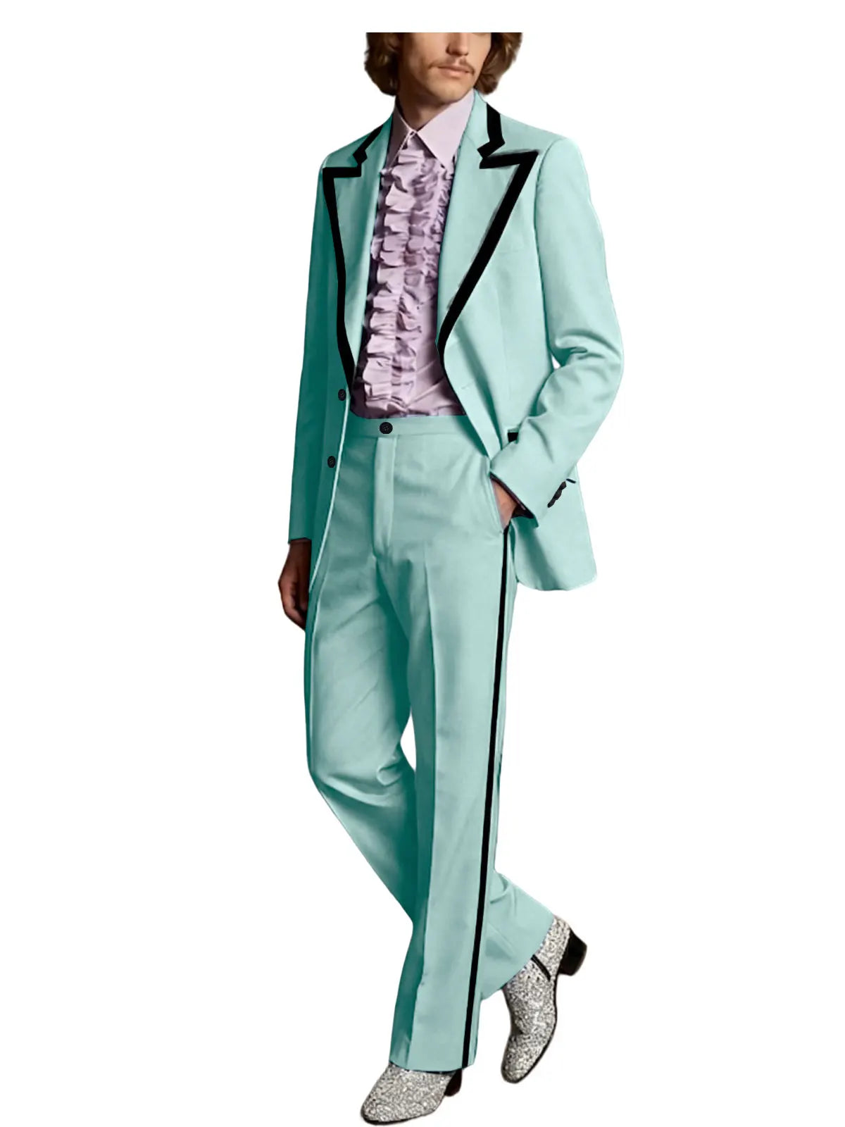 Men's Tuxedo Suit with Black Trim 2-Piece Slim Fit Blazer Pants Set Business Casual Jacket Straight Leg Trousers Formal Outfit