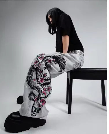 Japanese Harajuku Jeans Mens New Dragon High Quality Jeans Gothic Y2K Vintage Hip Hop Streetwear Denim Fabric Wide Leg Pants