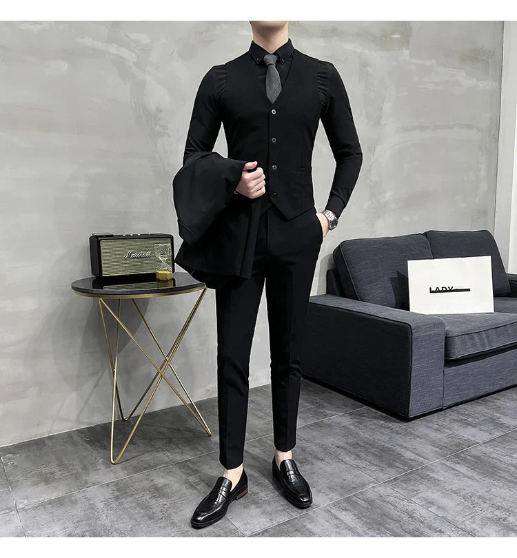 ( Blazer + Vest + Pants ) Boutique Fashion Solid Color Men's Slim Casual Business Suit Three-piece Set Groom Wedding Dress Party