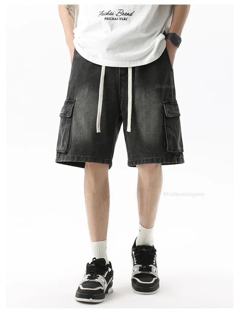 Summer Retro Fashion Denim Shorts for Men Loose Straight Leg Multi-pocket Short Jeans With Elastic Waist and Drawstring Male