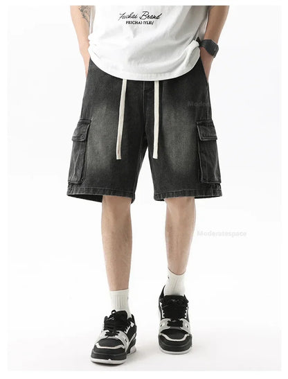 Summer Retro Fashion Denim Shorts for Men Loose Straight Leg Multi-pocket Short Jeans With Elastic Waist and Drawstring Male