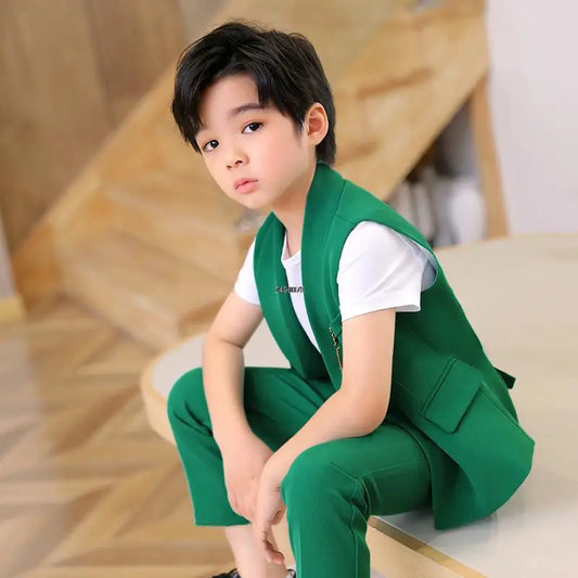 Children Formal Wedding Suit Kids Vest Pants Party Photograph Set Teenager Boys Tuxedo Party Dress Child Dance Show Costume