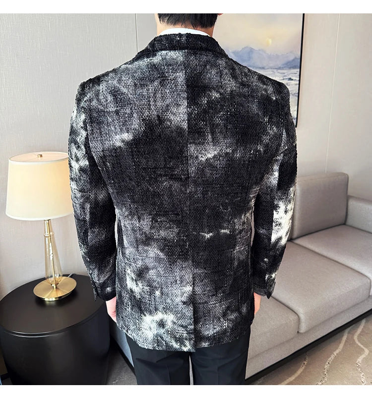 High QualityTie Dye Chenille Men Fashion Casual Suit Jacket Autumn Winter New Korean Slim Fit Social Wedding Suit Blazer