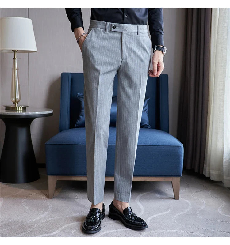 New Korean Style Fashion Striped Embroidery Suit Pants Men's Business Slim Casual Straight Pants Formal Wedding Party Trousers
