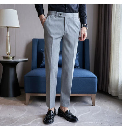 New Korean Style Fashion Striped Embroidery Suit Pants Men's Business Slim Casual Straight Pants Formal Wedding Party Trousers