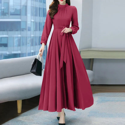 Women Long Sleeve A-line Sundress Spring Long Dress Autumn Solid Party Holiday Maxi Dresses Vestidos Femme Vintage Robe