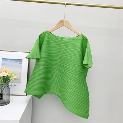 Miyake Irregular Short Sleeve Pleated Top Simple Loose Plus Size with Stretch T-Shirt Vacation Office Clothing Polyester Crepe