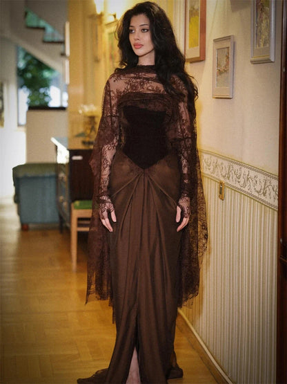 Customized Brown Front Split Trumpet Side Split Prom Dress Pleats With Shawl Vestidos De Noche Floor-Length Formal Evening