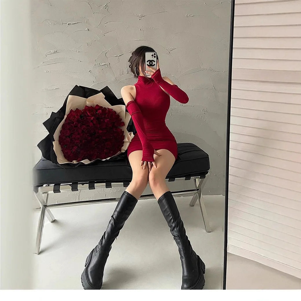 Women's Spice Girls Sweet Spice Mini Dress Sleeveless Pleated Slim Dress Pure Lust Wind Neck Wrap Hip Skirt Tight Tank Dresses