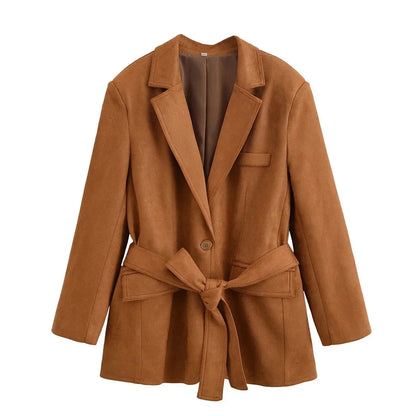 Office Lady Suede Blazer V Neck Sashes Long Pockets Blazer Fashion 2025 Fall Streetwear Outwear Winter Thick Coats