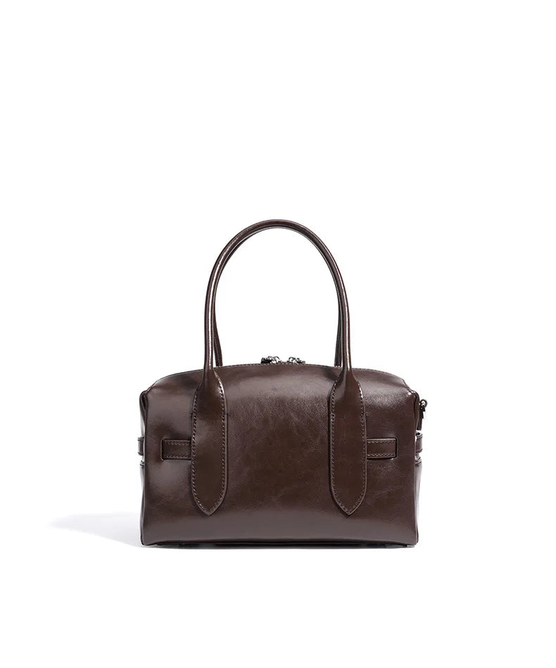 2025 Fall Winter New Top Grain Leather Spacious Boston Bag Lock Design Single Shoulder Crossbody Pack Women Commuting Handbag