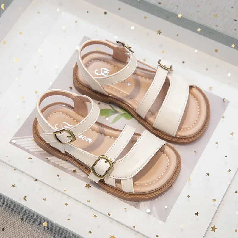 Girls Roman Sandals Open Toe Little Kids Leather Sandals with Buckle Open Toe Children Summer Beach Shoes Non-Slip Soft Sole