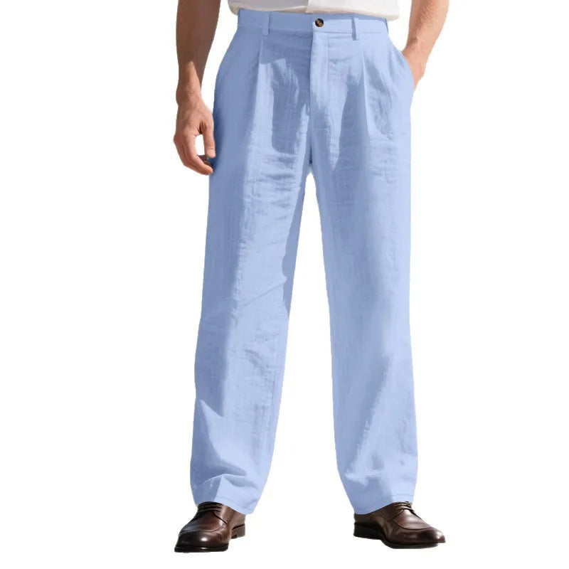 Amazon European and American Men's Linen Solid Color Casual Suit Pants New Fashion Beach Wide-Leg Trousers