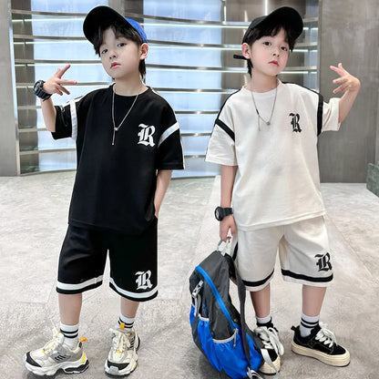 2025 Kids Summer Clothing Boys Top and Bottom Set Beige Black Color T-shirt Shorts 2PCS Tracksuit Set Teens Child Casual Outfit