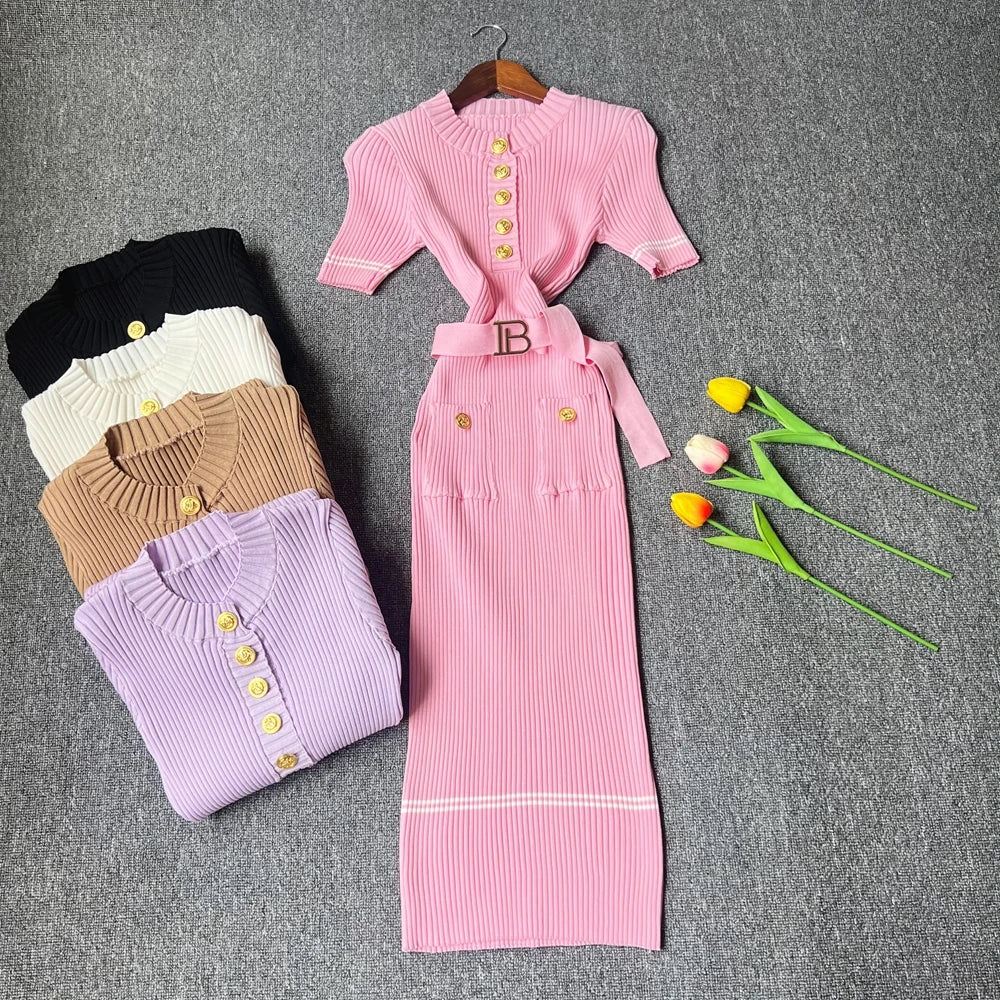 2025 Autumn Winter Women Knitted Dress Brand Fashion O-neck Buttons Bodycon Sweater Dress with Belt Lady Office Dress